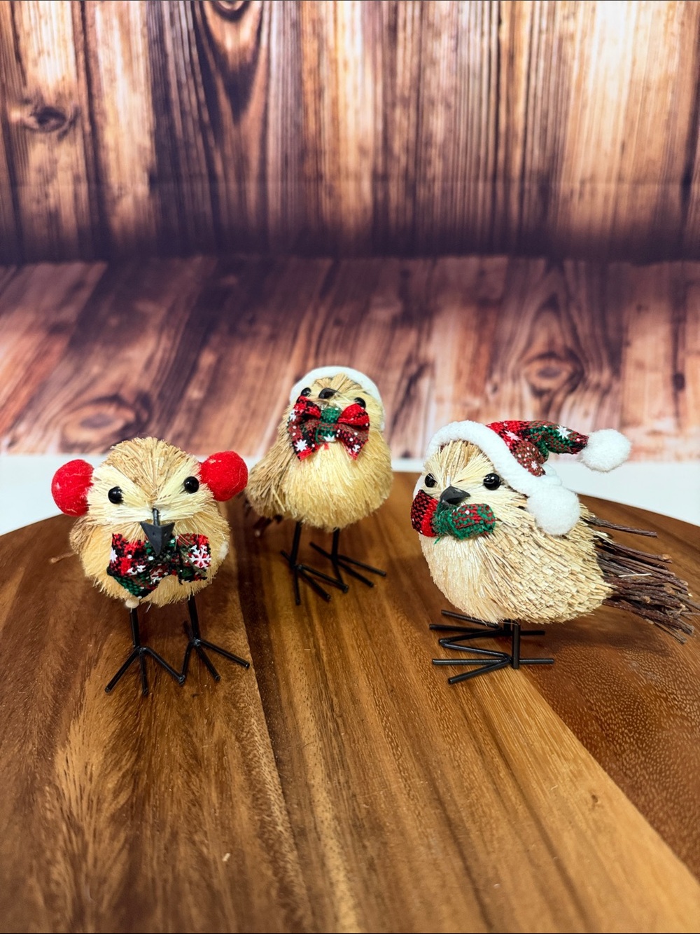 Decorative Holiday Bird Figurines in Beige with Red & Green Accents